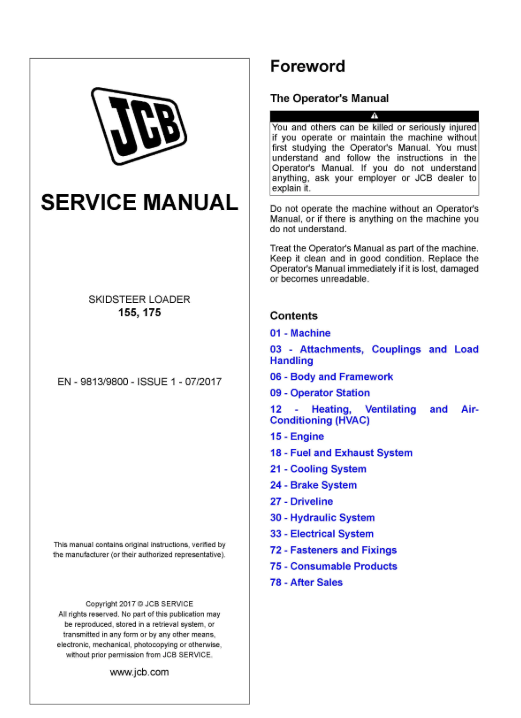 Manual de reparación del cargador compacto JCB 155, 175 - PDF