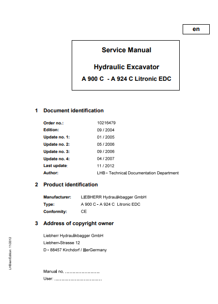 Manual de servicio Excavadora Liebherr A900C, A904C, A914C, A924C Litronic EDC